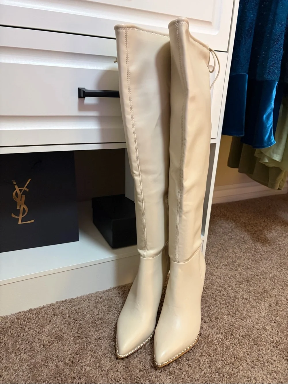 BCBG Cream Leather Over-the-Knee Pointed Toe healed Boots-New